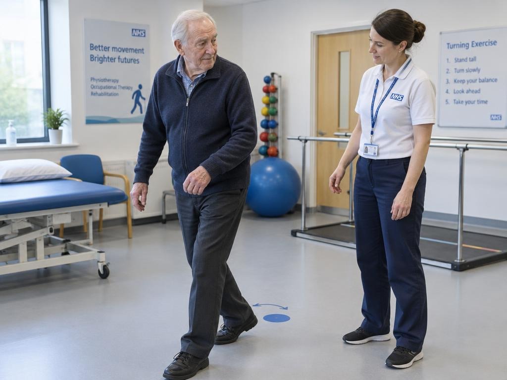 An older adult with Parkinson's performing a controlled turning balance task with clinical oversight