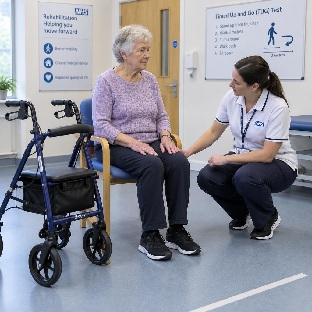 Walking aid positioned safely beside a patient during a mobility assessment