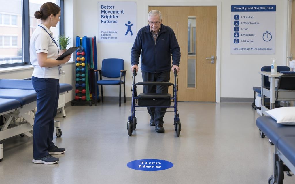 Patient walking towards the marker during a Timed Up and Go Test
