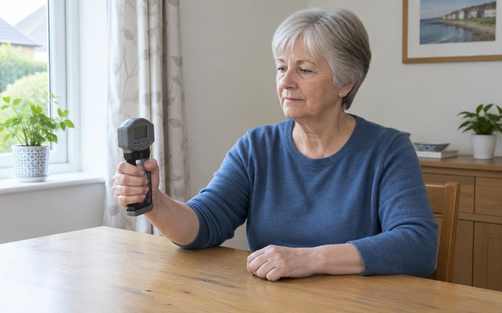 British older adult using a hand dynamometer at home with safe technique