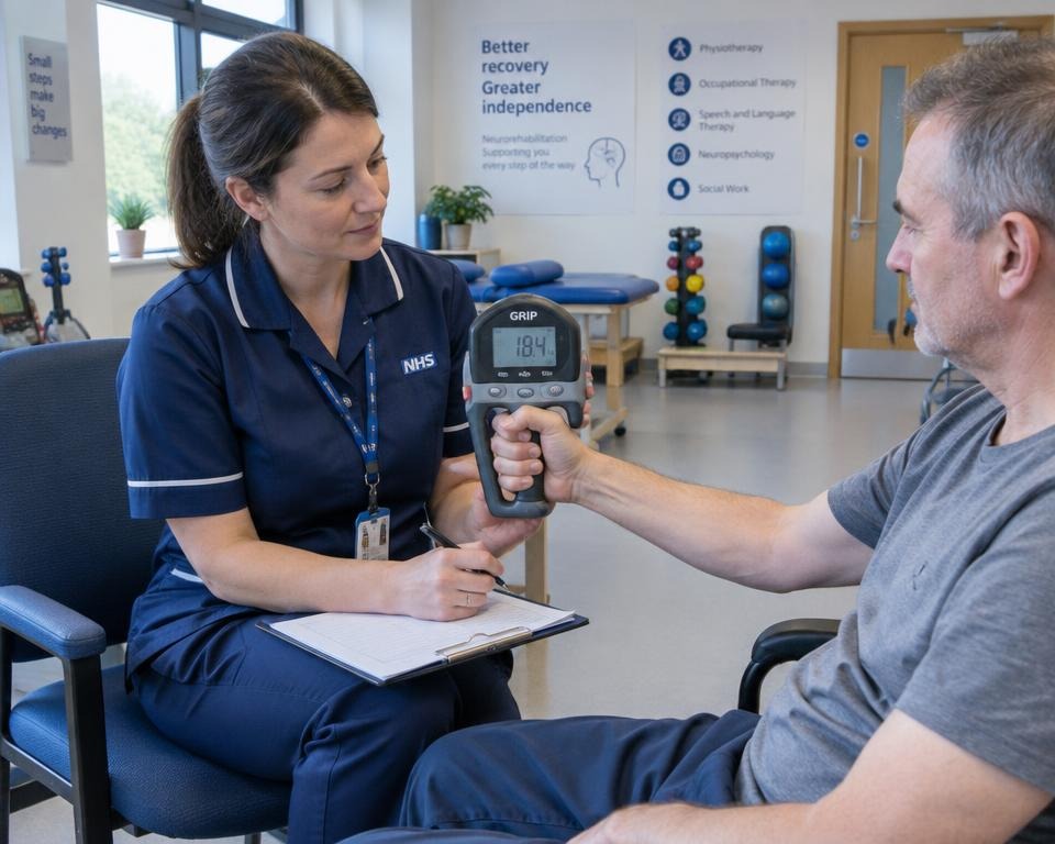 UK rehabilitation professional recording hand grip strength after stroke