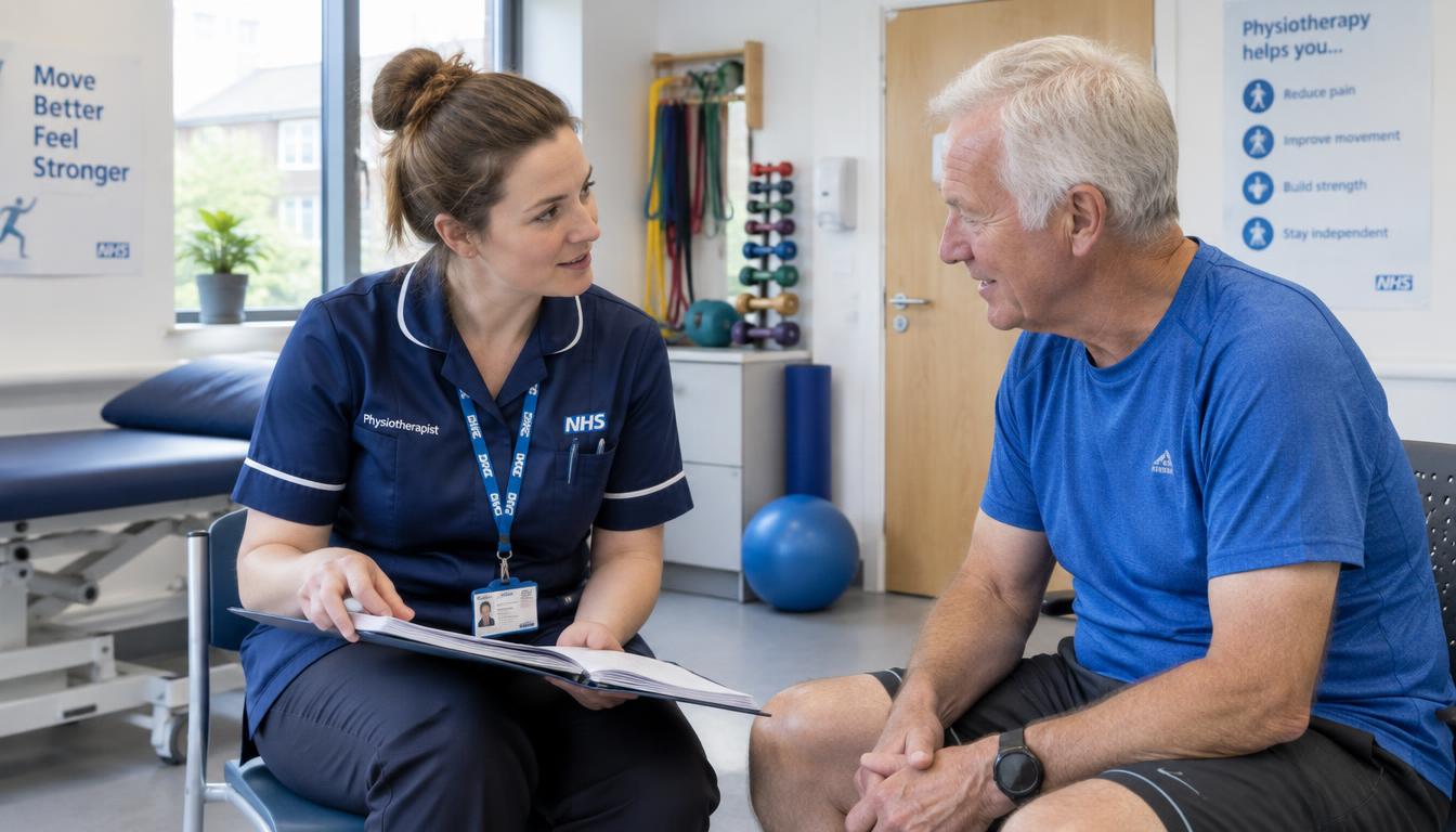 A UK physiotherapist in an NHS community uniform calmly discussing movement with an older gentleman in a bright clinic