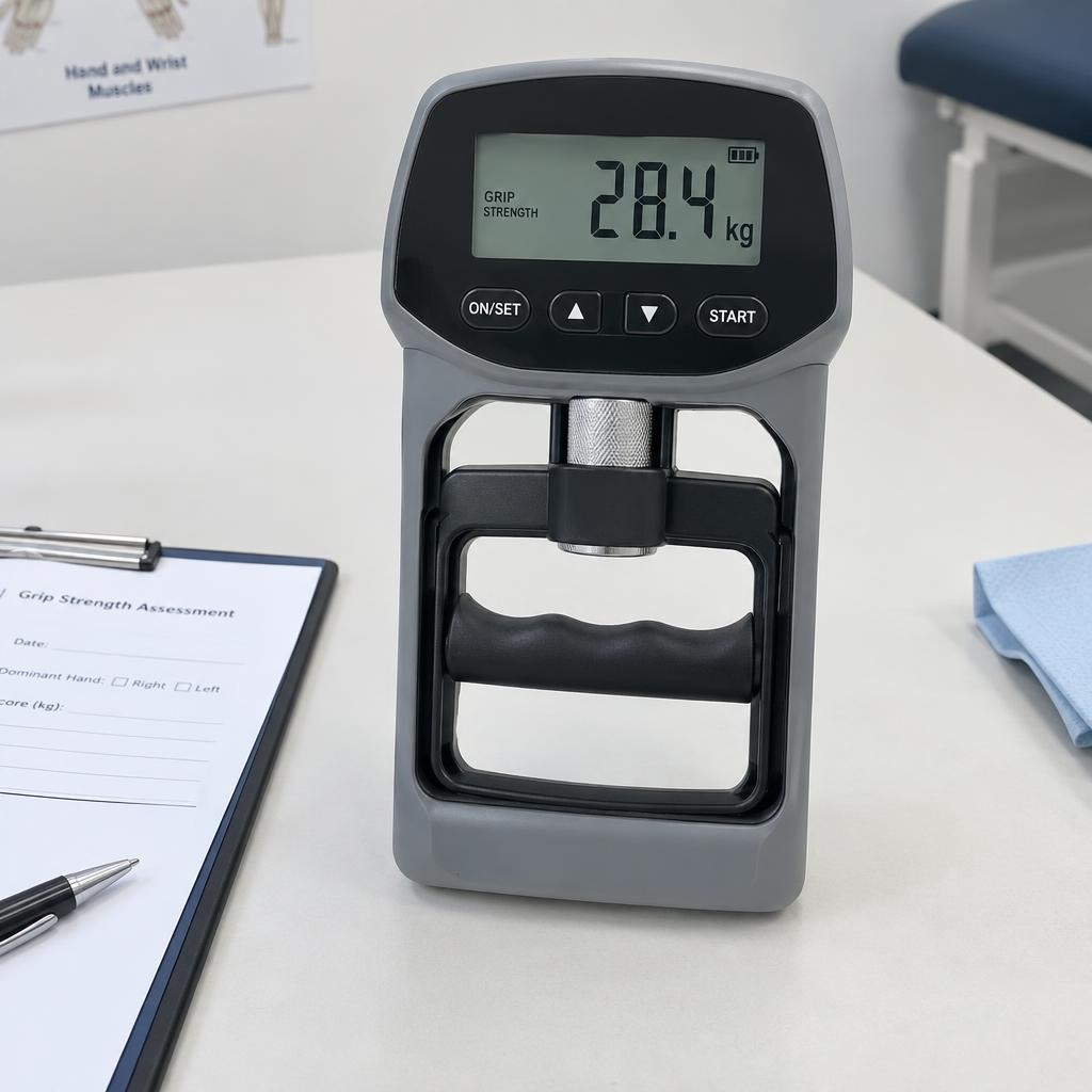 Digital grip strength dynamometer showing a force reading