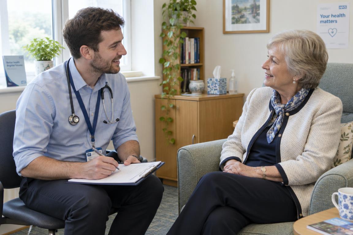A healthcare worker taking notes during a consultation with an older adult seated in a comfortable room