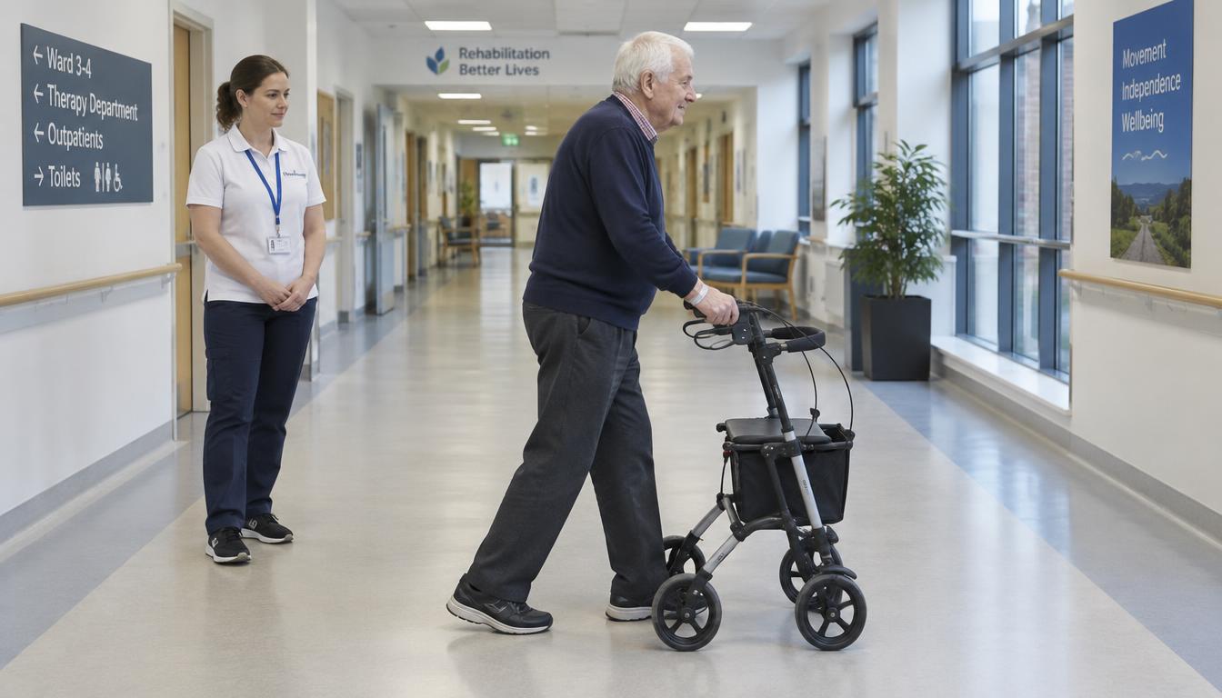 A patient walking at their normal appropriate pace with a walking frame in a therapy department