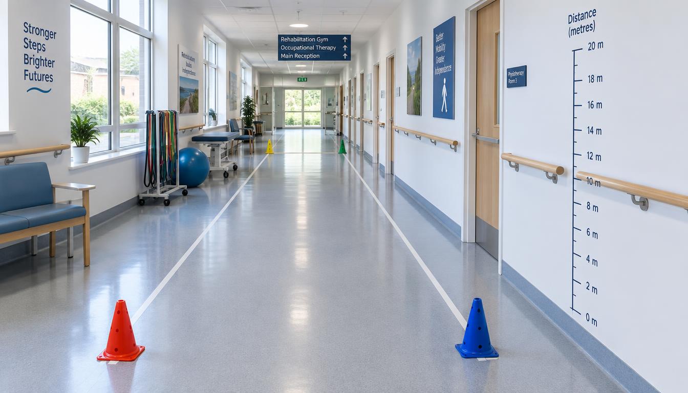 A marked indoor rehabilitation corridor prepared for a walking endurance test
