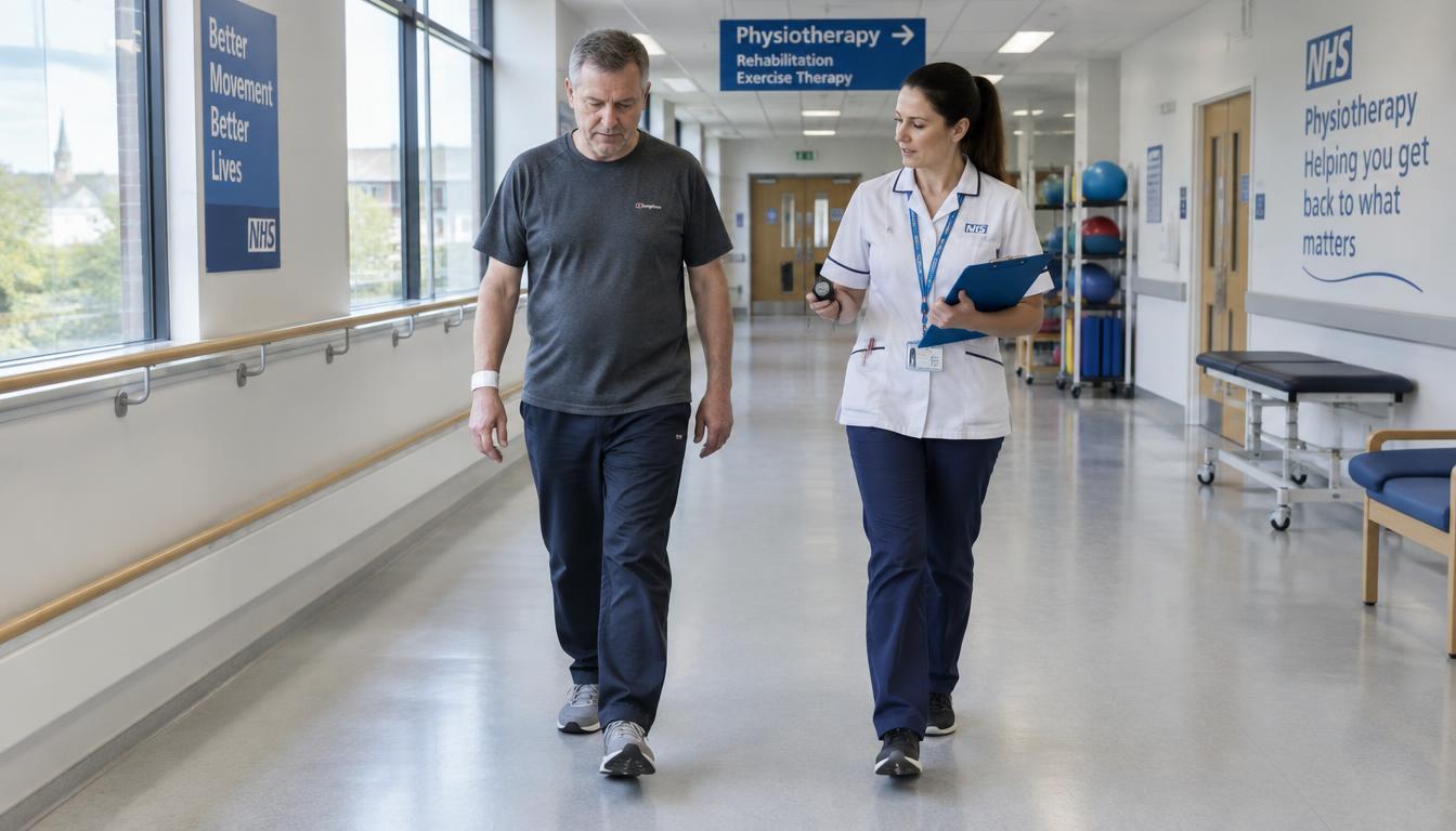 A patient completing a supervised Six-Minute Walk Test in an NHS hospital physiotherapy department