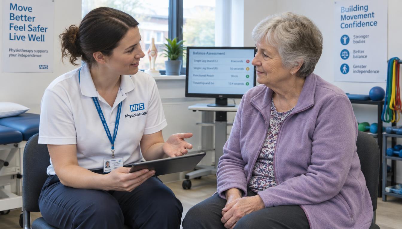 A physiotherapist discussing assessment findings with an older patient in a UK clinic