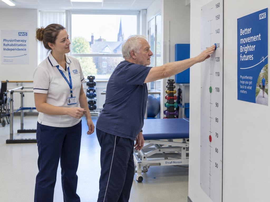 A patient recovering from stroke practising forward reaching with physiotherapist support