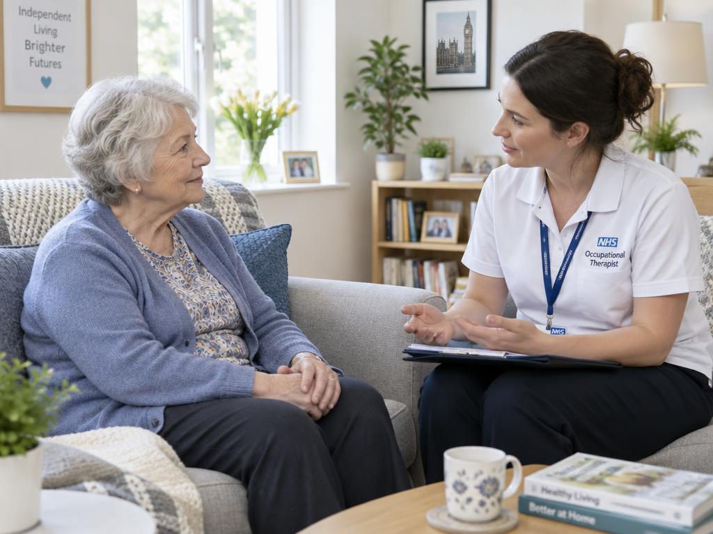 An older woman having a supportive conversation with an occupational therapist in a home setting