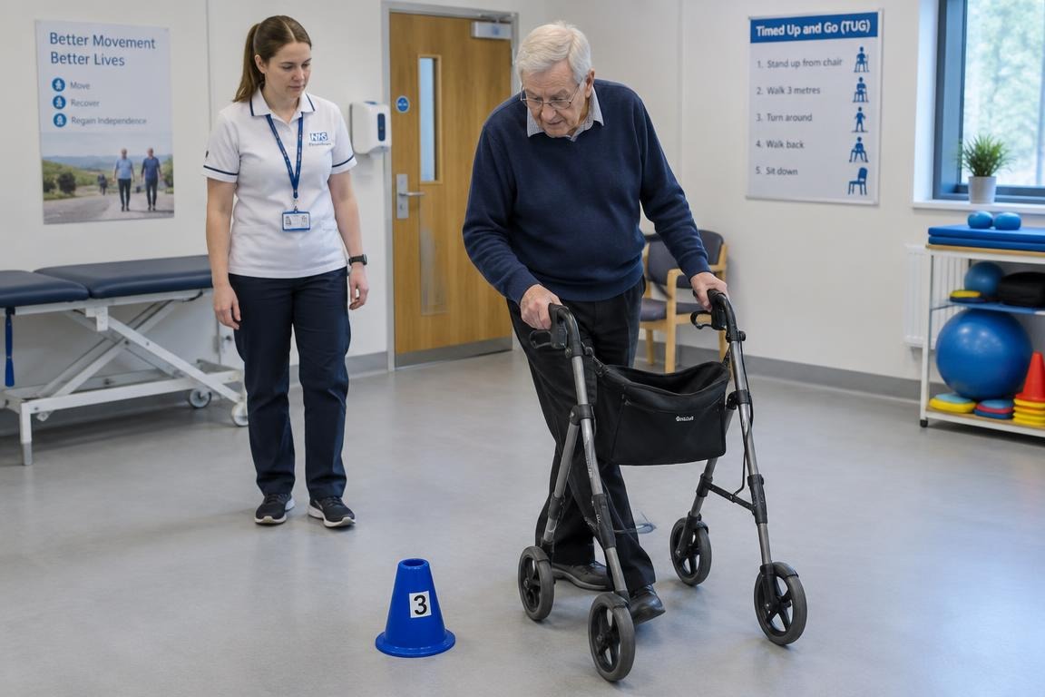 Physiotherapist observing turning during the Timed Up and Go Test