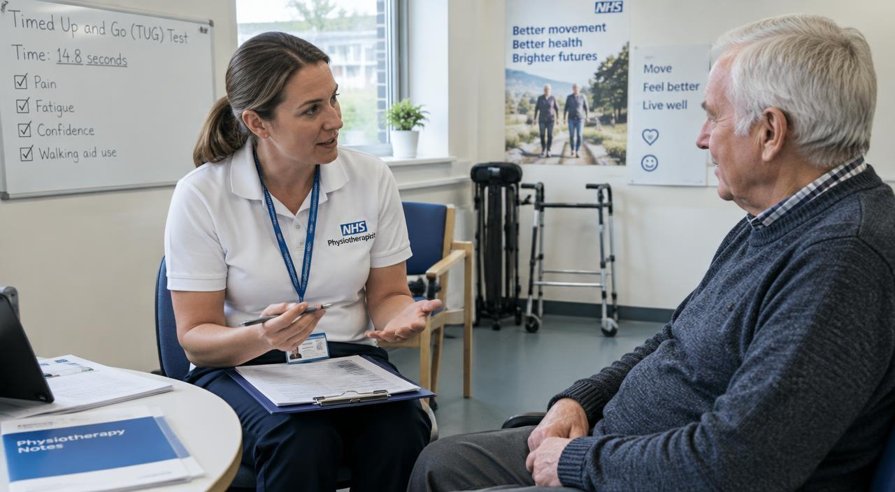Physiotherapist discussing factors that influence a TUG score with a British patient