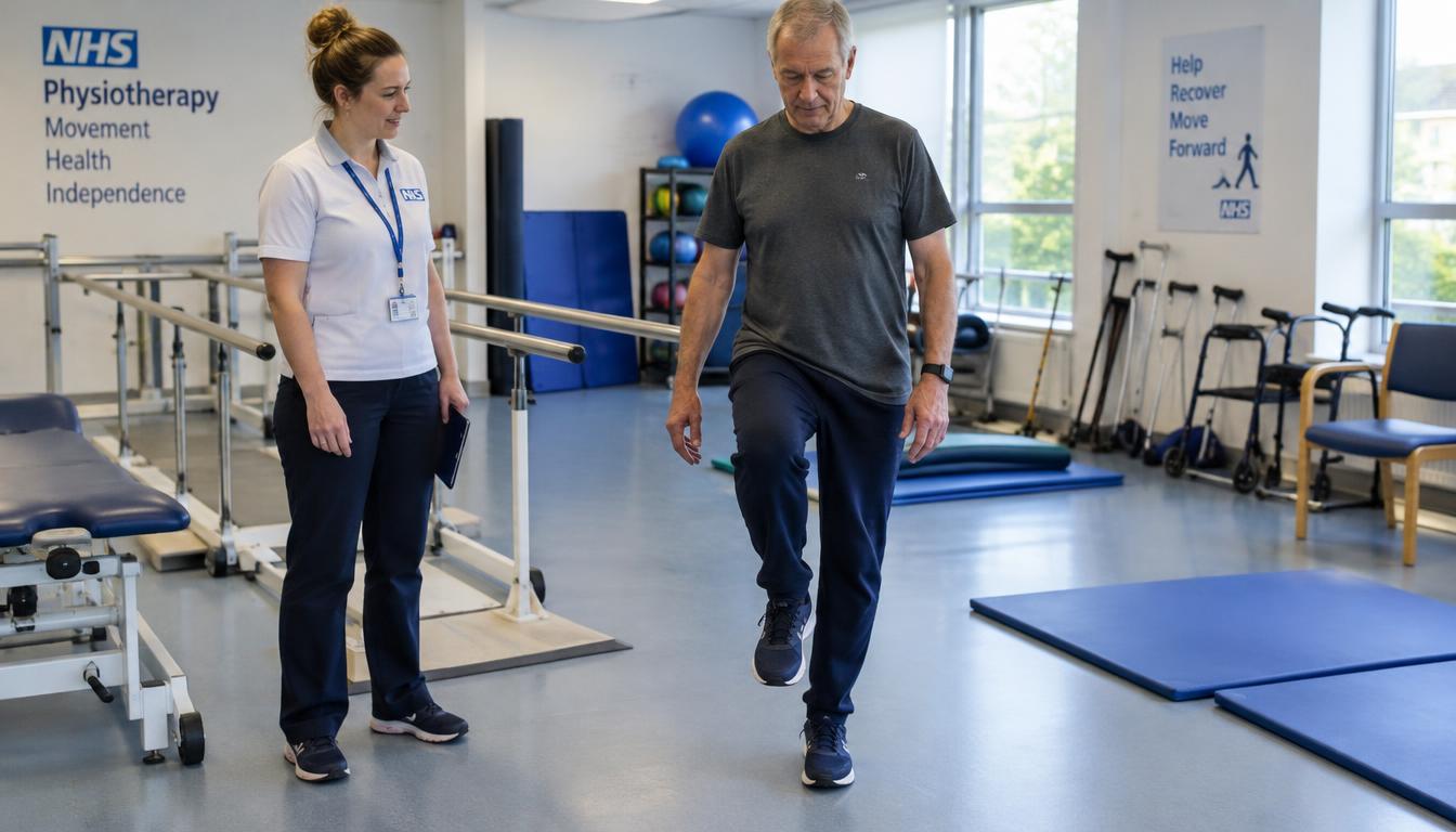 A healthcare professional measuring patient balance and posture in a rehabilitation gym