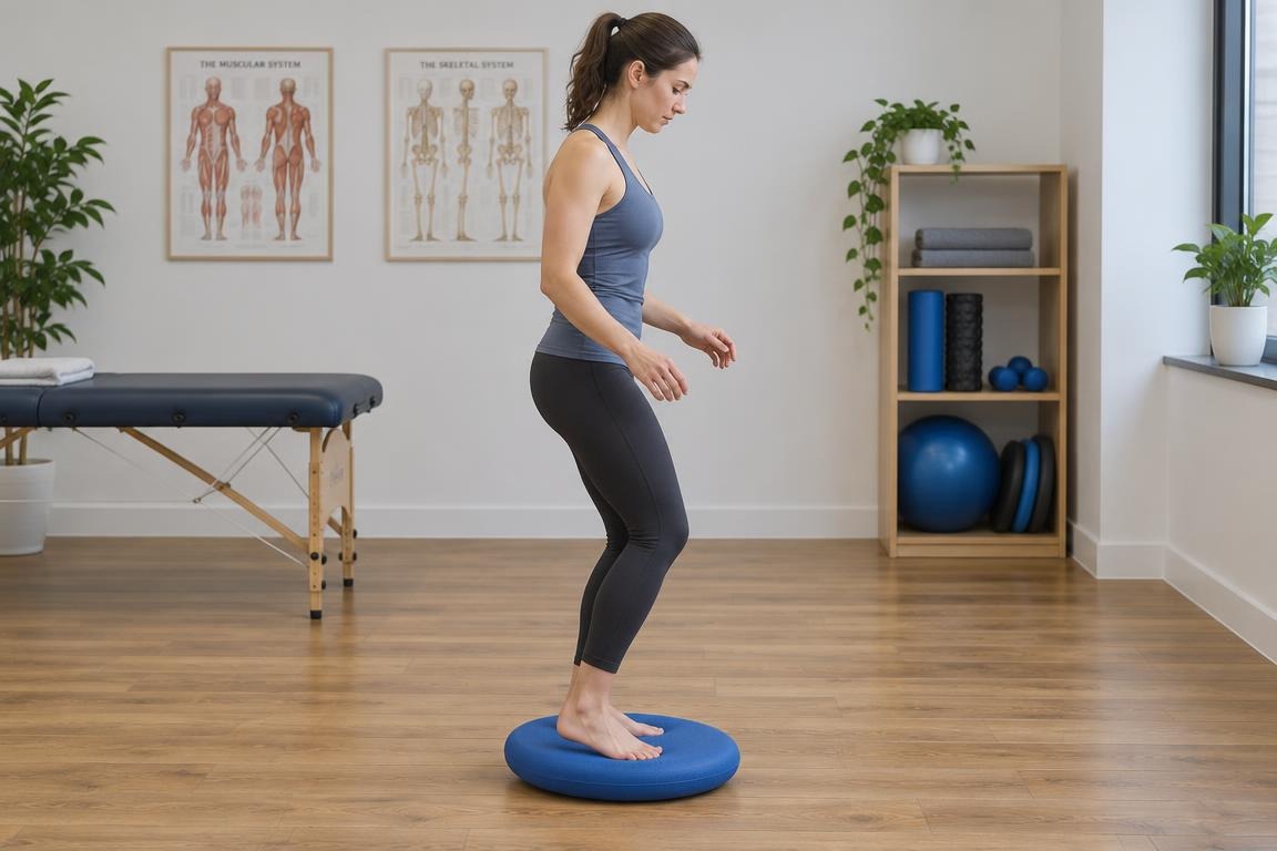 A patient standing on a blue balance foam pad during physiotherapy balance retraining