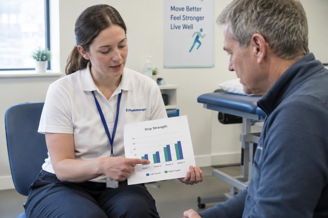 Clinician reviewing a grip strength chart with a British patient