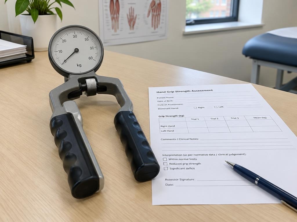 Grip strength test equipment beside a clinical assessment form