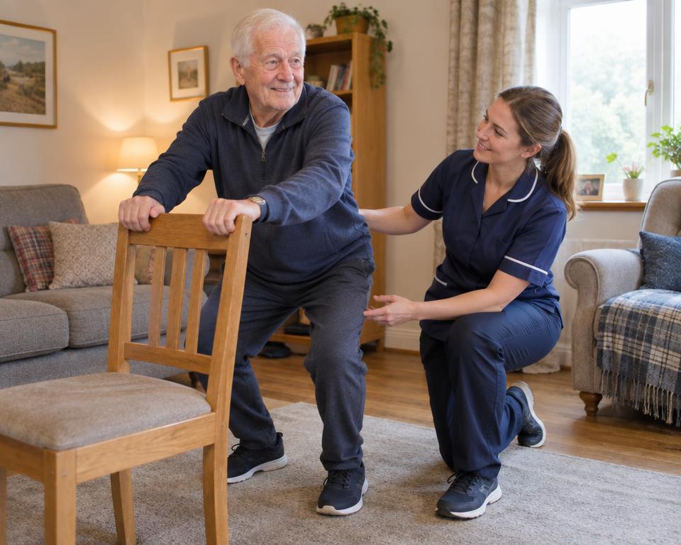Older British adult completing supported weight bearing exercise