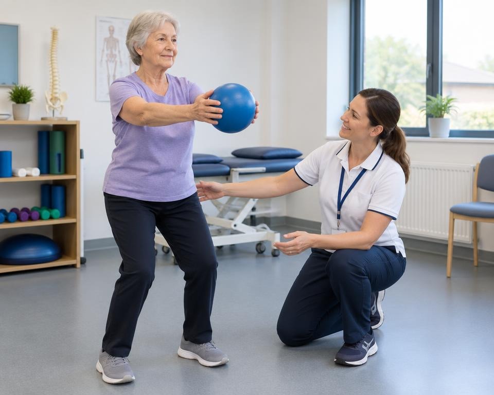 Older British woman completing a supervised bone health exercise