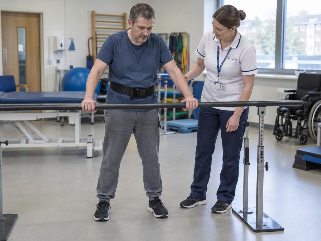 Patient practising symmetrical weight bearing in a UK rehabilitation setting