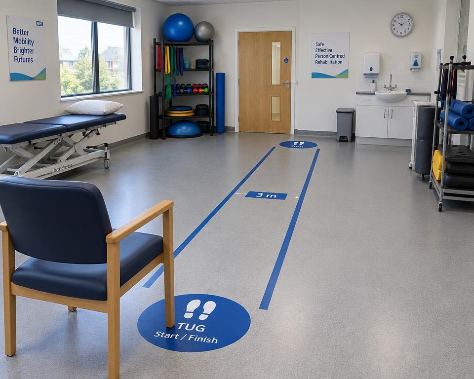 Three metre Timed Up and Go Test walkway in a UK rehabilitation room