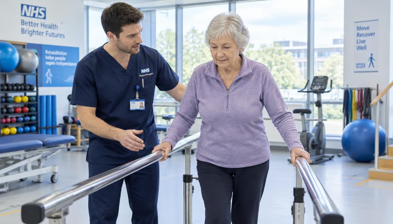 A UK physiotherapist guiding a patient through standing balance practice in a hospital rehabilitation gym