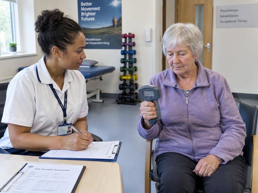Healthcare professional recording grip strength measurements for an older British woman