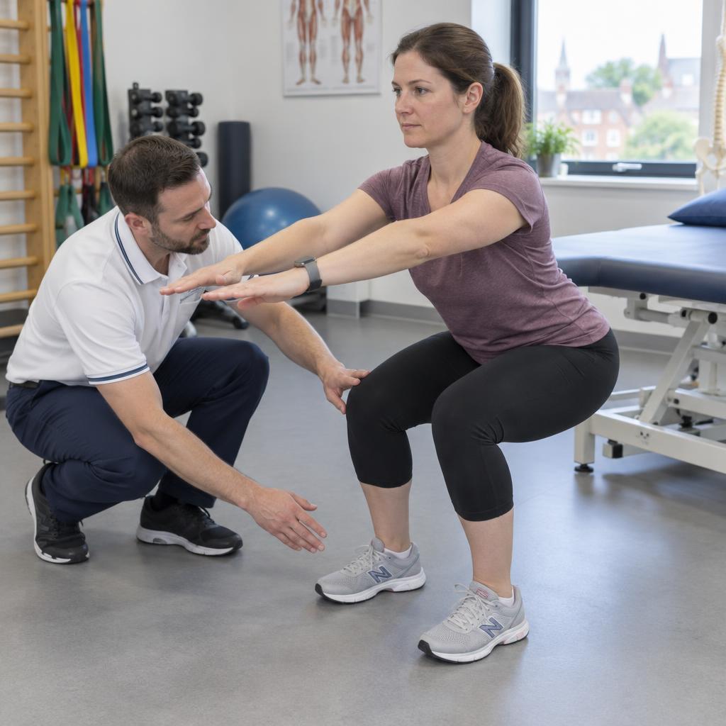 British adult performing a safe supported squat during weight bearing exercises