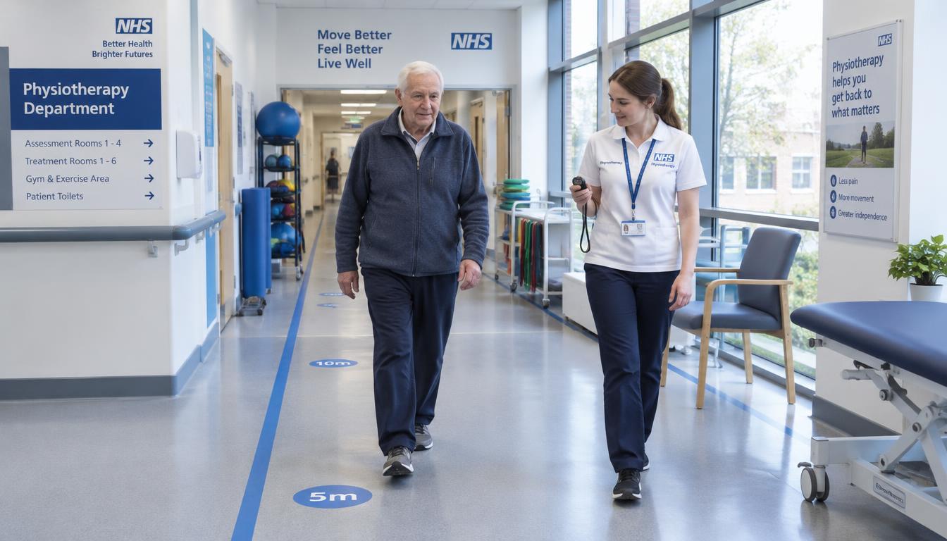 A physiotherapist timing a patient on a marked indoor walking track