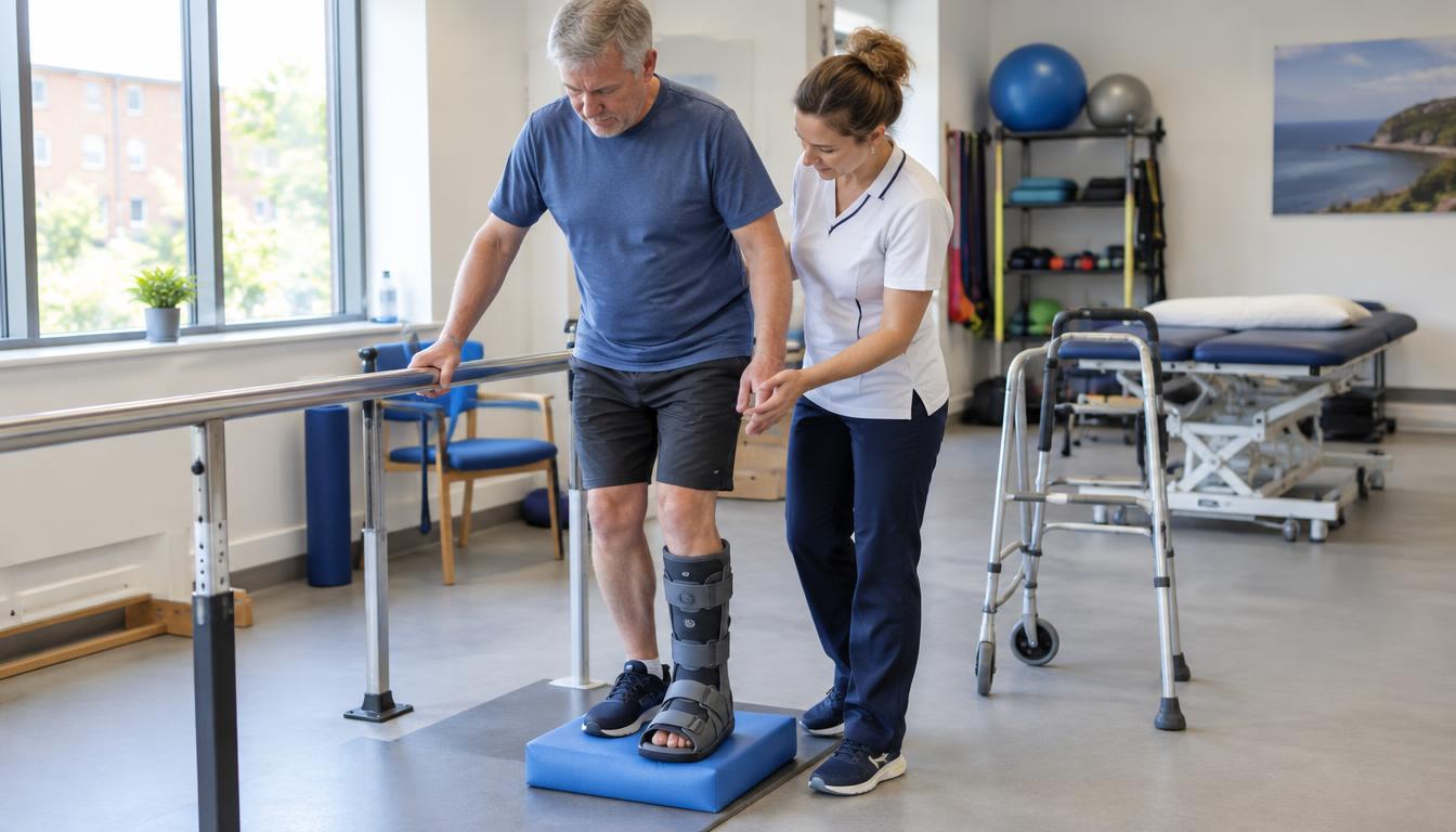 Patient practising controlled weight bearing during physiotherapy
