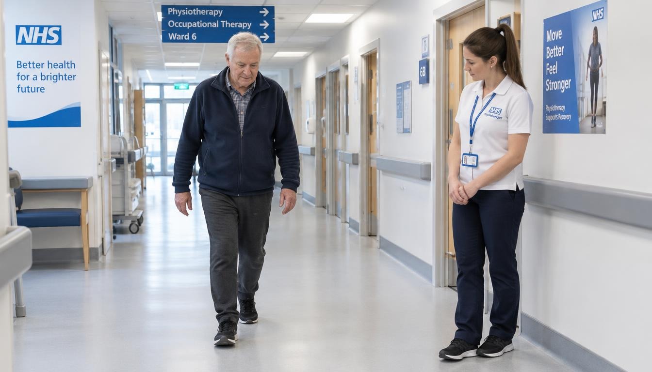 A female physiotherapist observing an older adult walking steadily down a clinic hallway