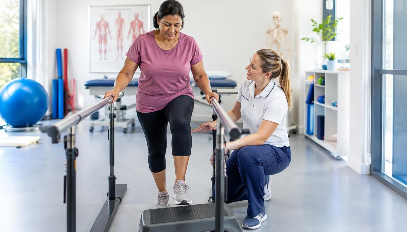 British adult completing weight bearing exercises with a physiotherapist