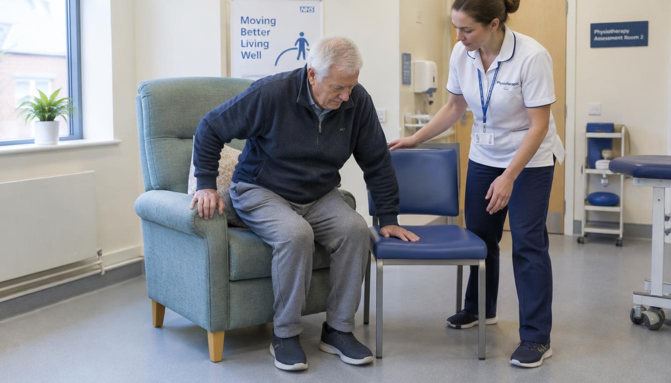 A patient transferring safely between two clinic chairs under close physiotherapist supervision