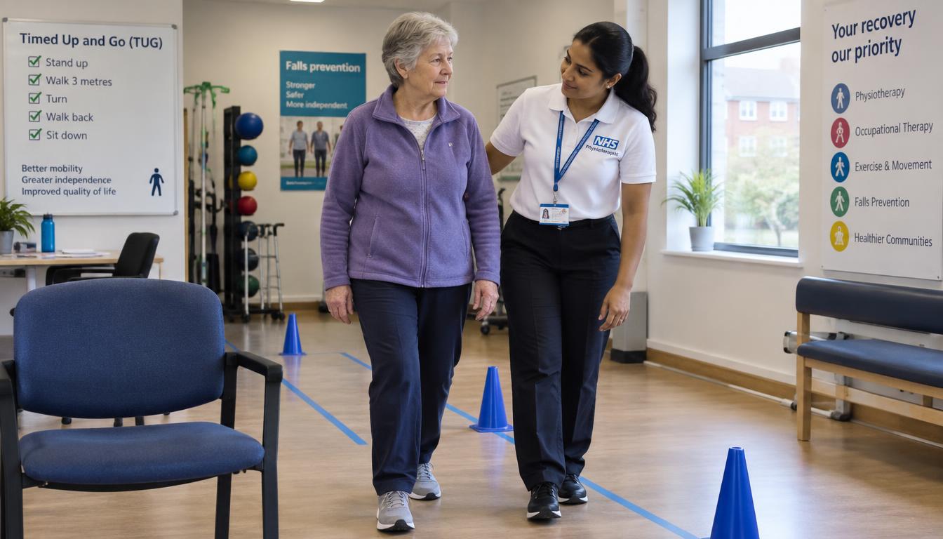 British physiotherapist supporting an older adult after a Timed Up and Go Test