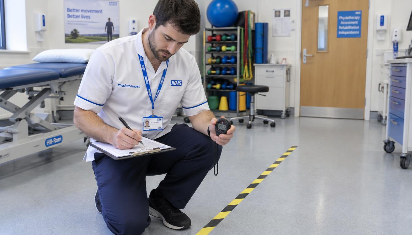 A UK physiotherapist recording walking distance and time during a mobility assessment