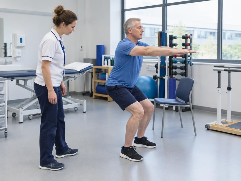 UK physiotherapist observing lower limb strength during standing exercise