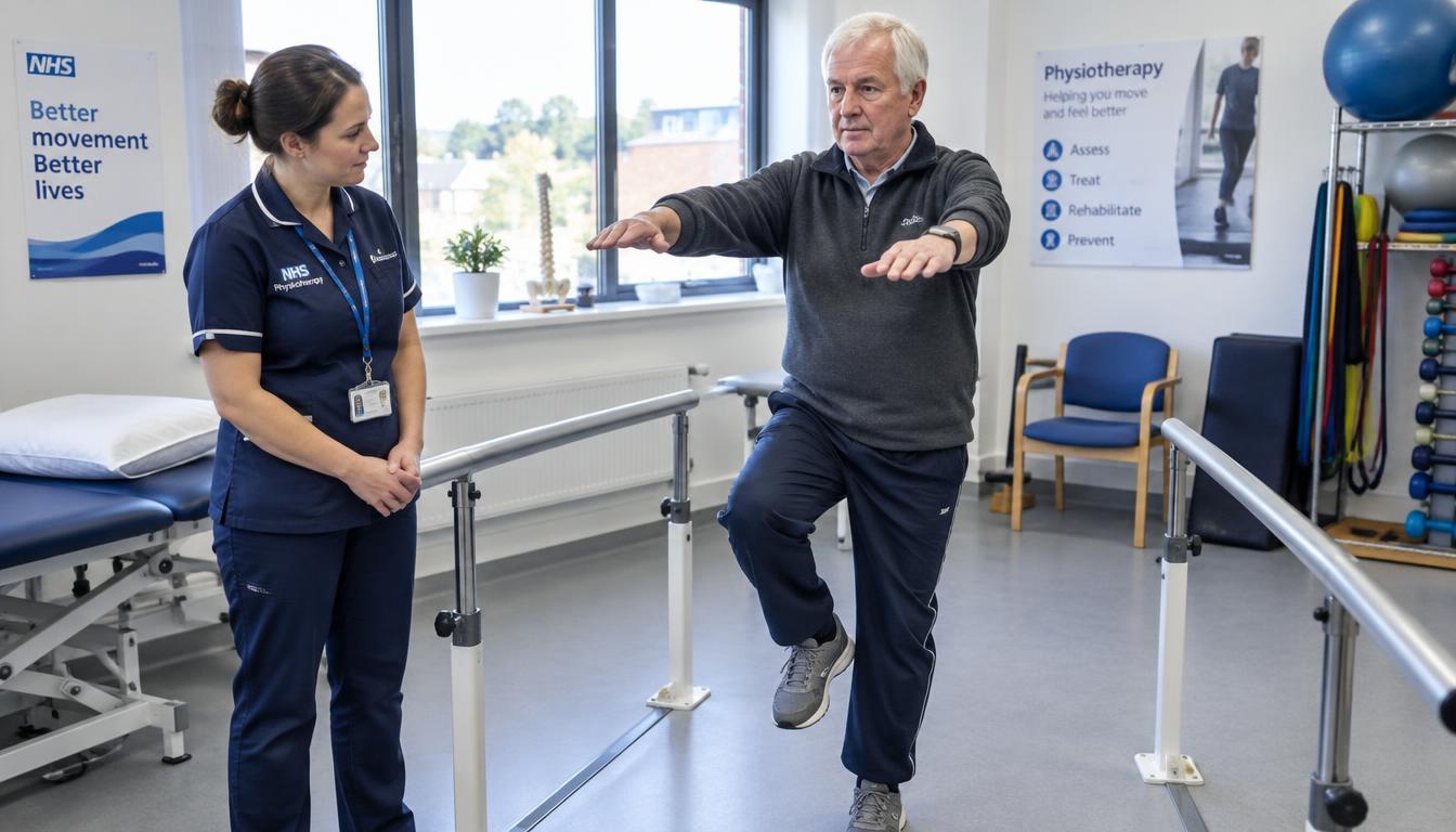 A UK physiotherapist observing an older adult during a standing balance assessment in a rehabilitation clinic