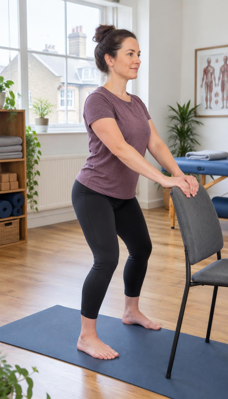 British adult practising a supported standing yoga position