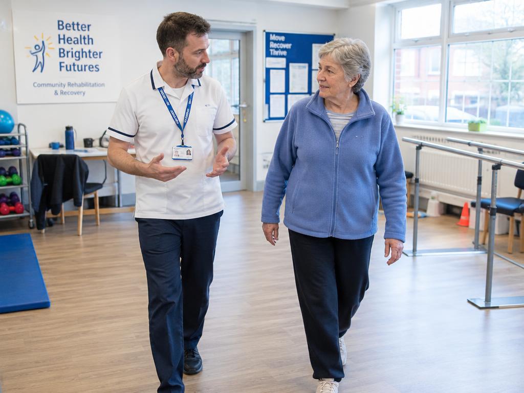 A clinician conducting a dual-task cognitive mobility check with an older person