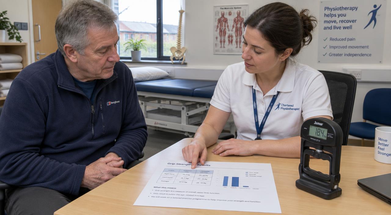 Grip strength test consultation with a UK physiotherapist and patient