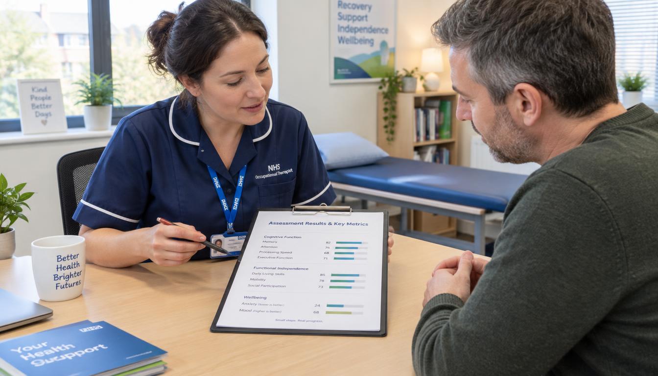 A physiotherapist reviewing mobility assessment charts and walking test scores with a patient