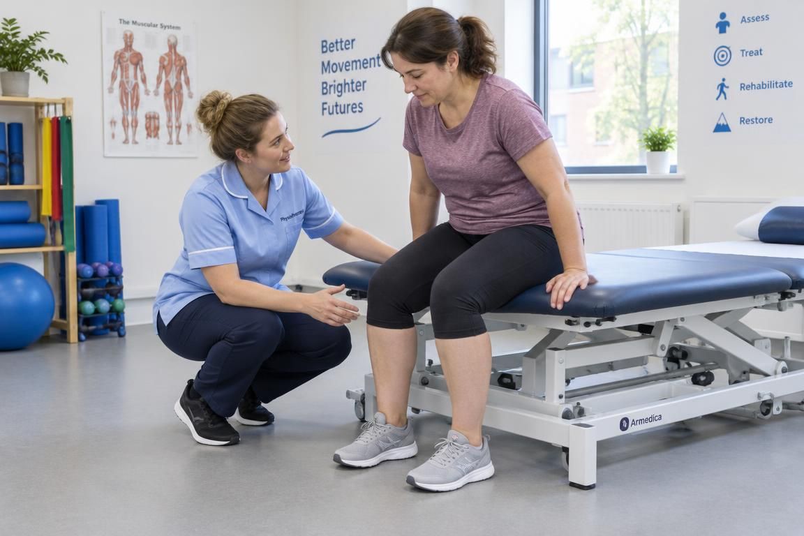 A clinical sit-to-stand rehabilitation session with a patient placing feet securely before rising