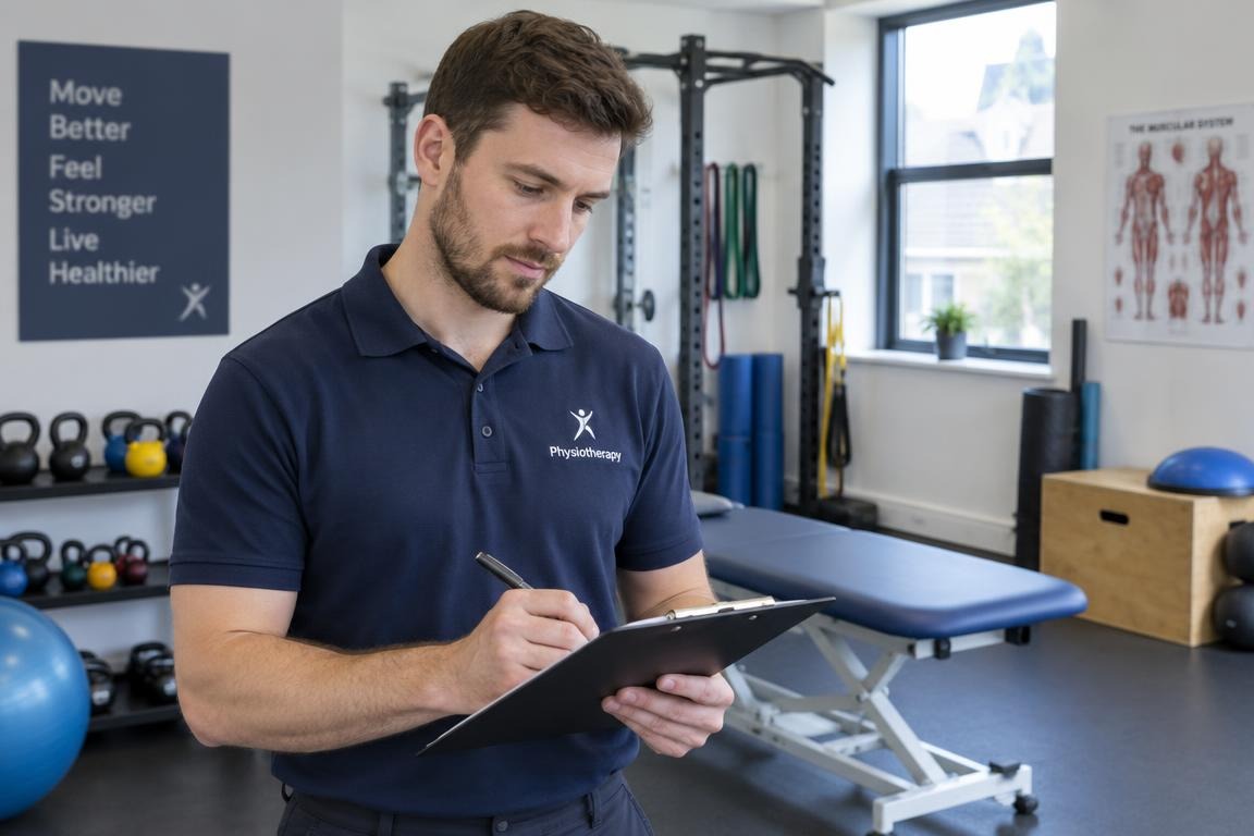A clinician writing notes on a clipboard during a mobility evaluation