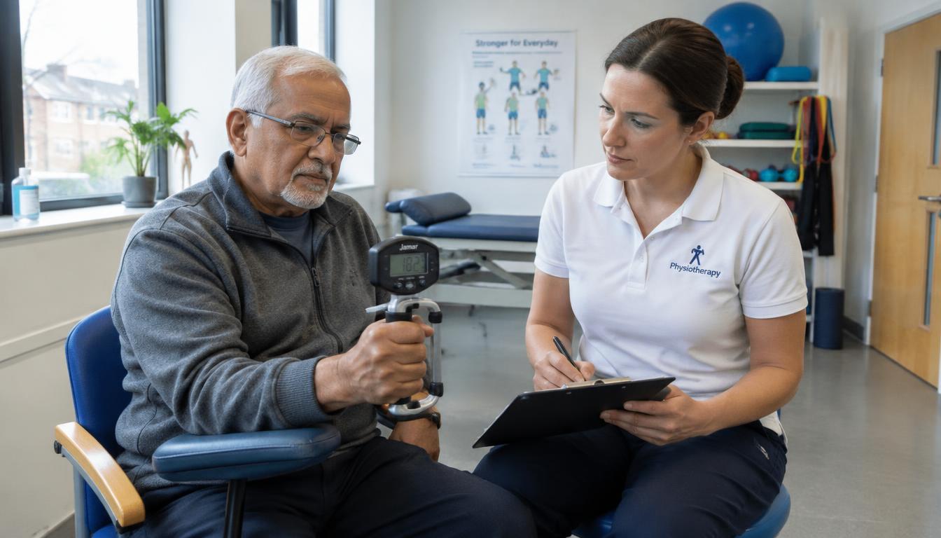British older adult completing a grip strength test with a physiotherapist