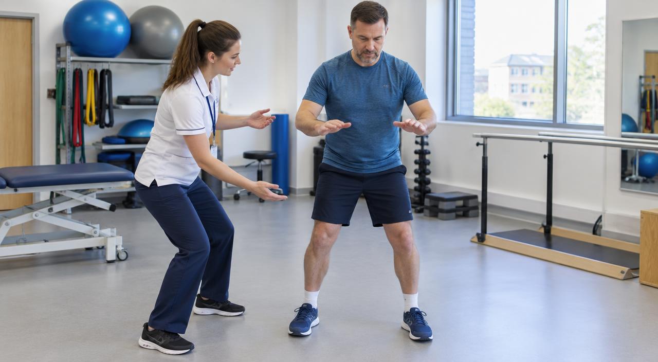 British physiotherapist demonstrating controlled standing exercises