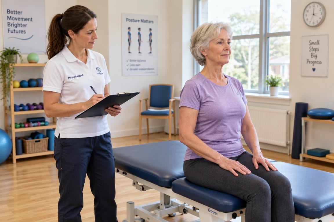 A UK physiotherapist holding a clipboard while monitoring a patient performing a seated balance exercise