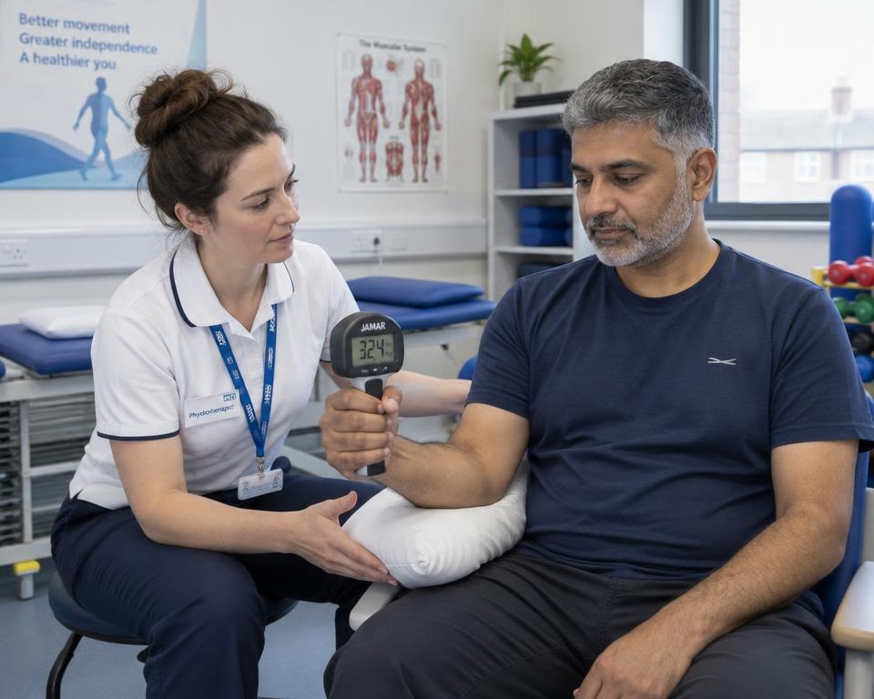 Physiotherapist positioning a British patient for a grip strength test