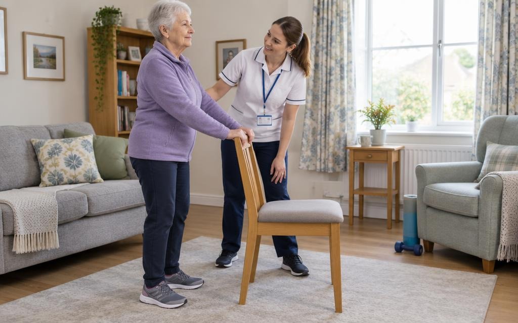British older adult practising supported standing for bone health