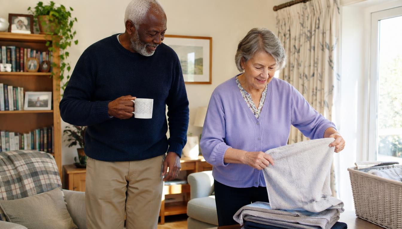 Older British couple ageing well during an everyday activity