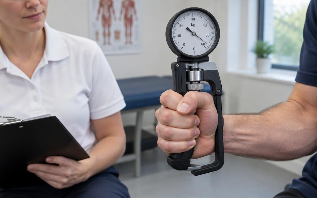 Close-up of a hand dynamometer used correctly in a UK clinic