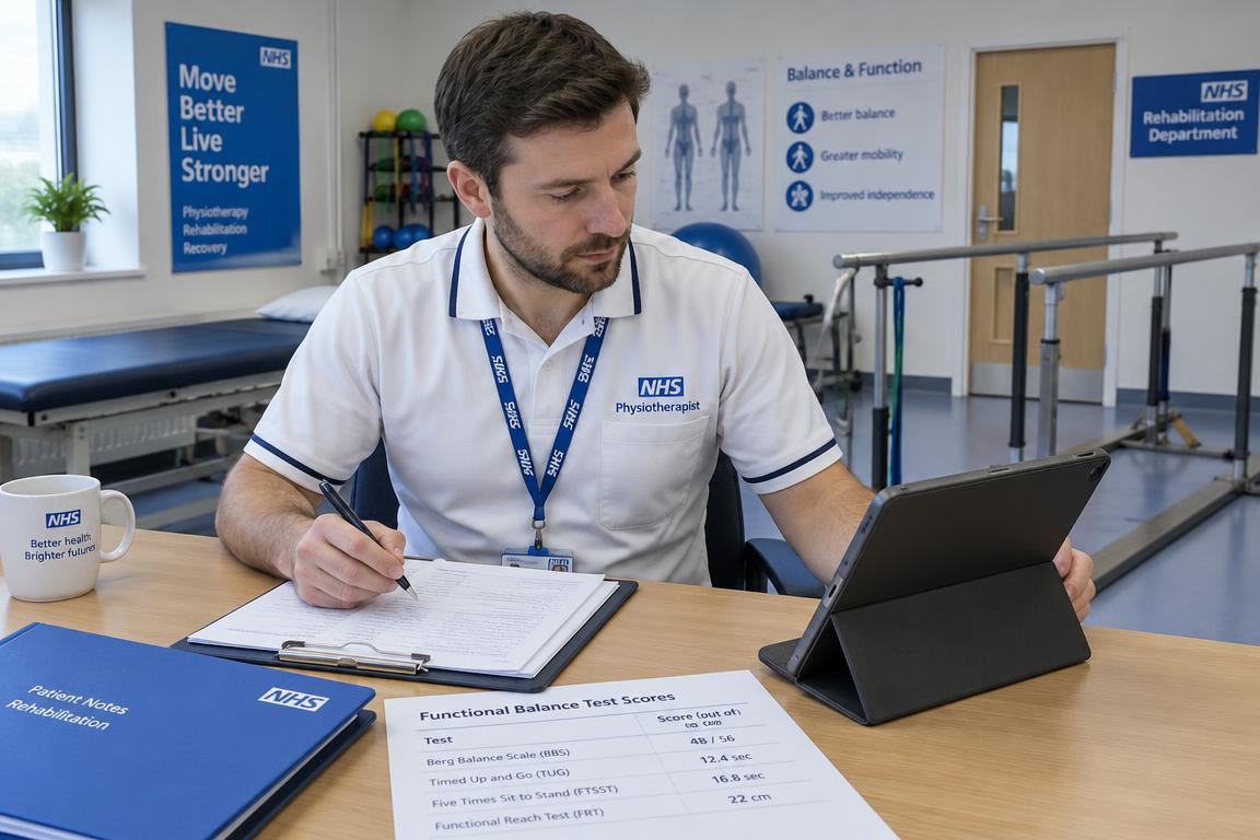 A physiotherapist recording Berg Balance assessment task scores onto clinical documentation in an NHS setting